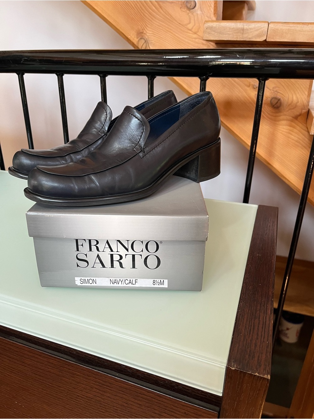 Franco Sarto Navy Leather Block-Heel Loafers